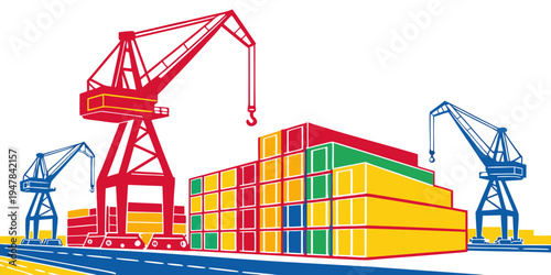 A cargo ship with cranes and containers on it Vector