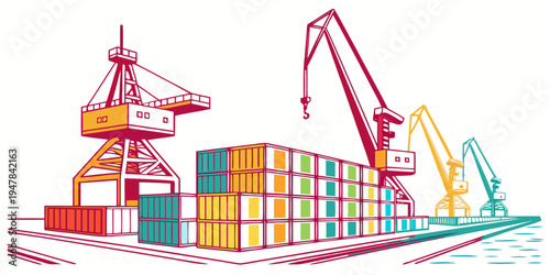 A cargo port with cranes and shipping containers Vector