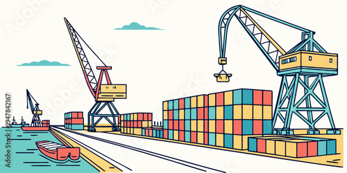 A cargo port with cranes and shipping containers Vector