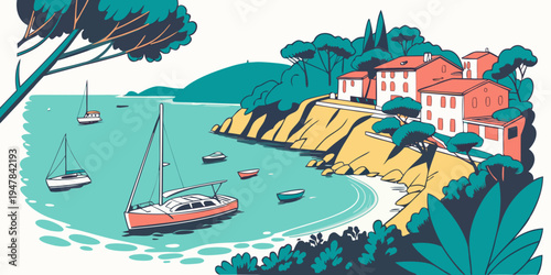 A red boat sailing in the water near a cliffside town Vector