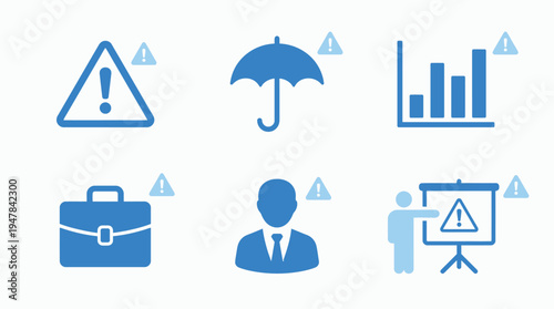 Vector graphic illustration of various business warning signs and symbols in blue