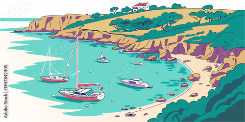 A serene beach scene with boats and a sandy shore Vector