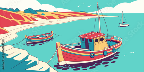 A red and yellow fishing boat on the water Vector