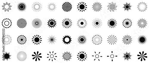 Collection of various black sunburst shapes and designs on white background