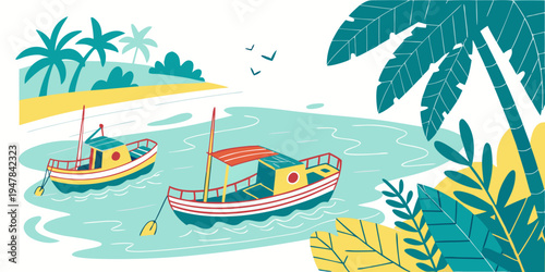 Boats are anchored near a tropical beach Vector