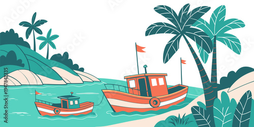 Two boats are parked near a tropical beach Vector