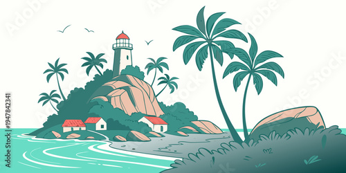 A tropical island with a lighthouse and palm trees Vector