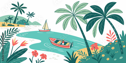 A colorful illustration of a tropical island scene with a boat on the water Vector
