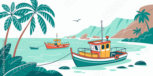 Boats are anchored in a tropical bay Vector