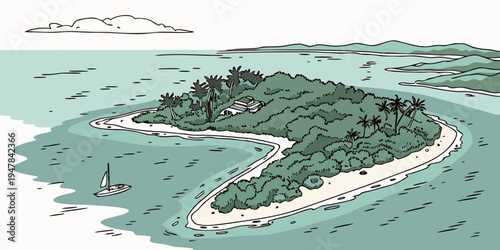 A small island with trees and a sandy beach Vector