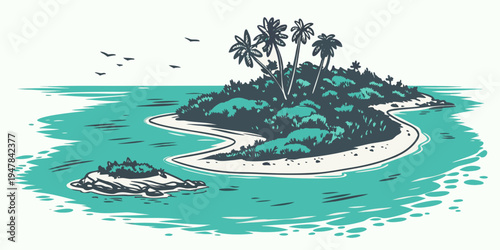 A small island with trees and a sandy beach Vector