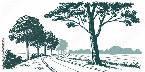 A serene landscape with trees on a hill Vector