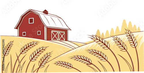 A red barn house sitting on top of a hill Vector