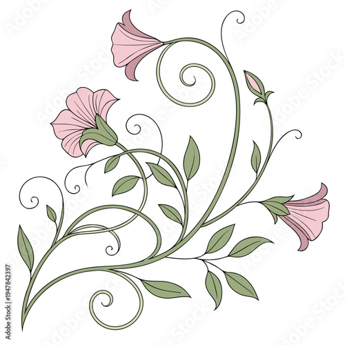 Decorative Morning Glory Flowers with Bud, Swirl Stems and Leaves, Vector Illustration