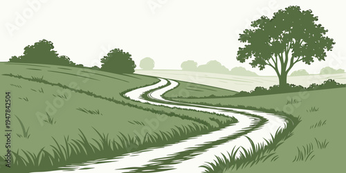 A winding dirt road through a green landscape Vector