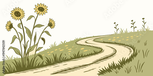 A winding dirt path through a field with sunflowers Vector