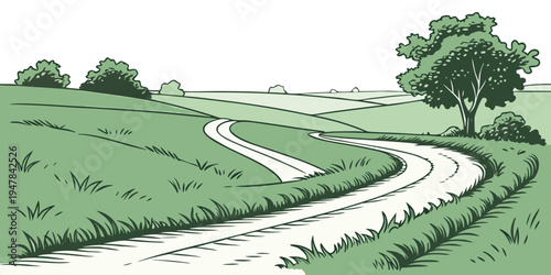 A winding dirt road through a green landscape Vector