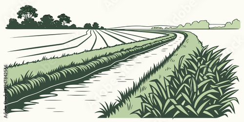 A green field with a path and trees in the distance Vector