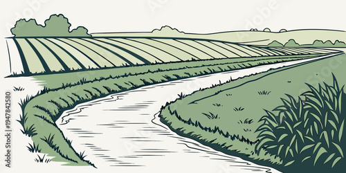 A winding river runs through a rural landscape with fields and trees Vector