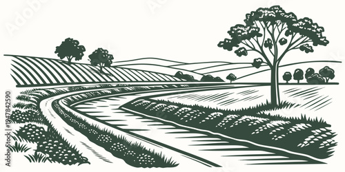 A green illustration of a tree on a farm with rows of crops Vector