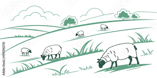 A flock of sheep grazing on a green hillside Vector