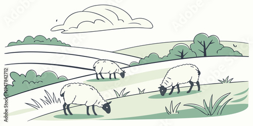 Sheep grazing in a green field with trees Vector