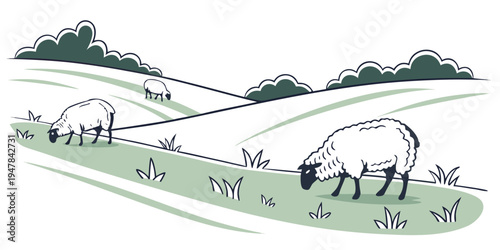 A sheep grazing on a green hill in a rural landscape Vector