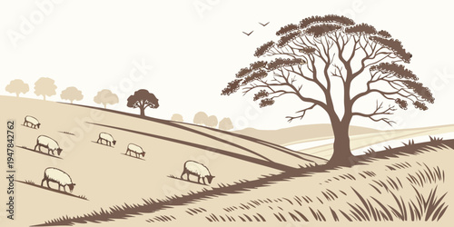 A tree stands tall in a field with sheep grazing Vector