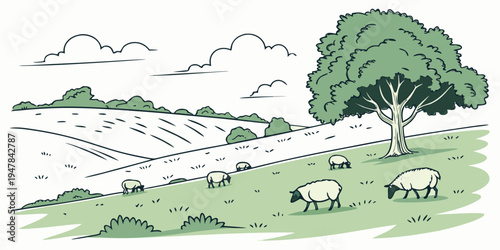 A flock of sheep grazing under a tree on a green hill Vector