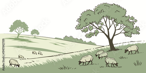 Sheep grazing in a green field with trees Vector
