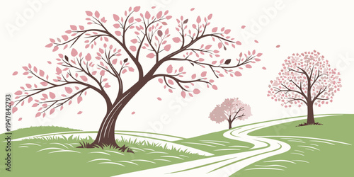 A scenic landscape with trees and a winding path Vector