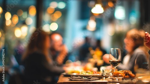 Blurred friends enjoying dinner at a restaurant with warm lighting  