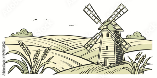 A small windmill in a rural landscape Vector