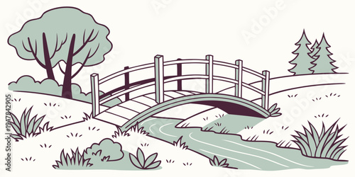A small wooden bridge over a stream in a rural landscape Vector