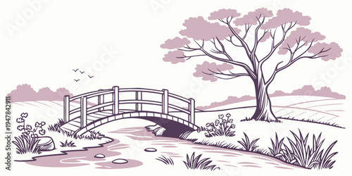 A small bridge under a tree in a rural landscape Vector