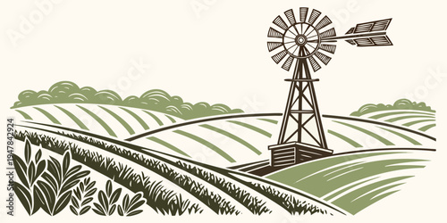 A windmill standing in a field of crops Vector