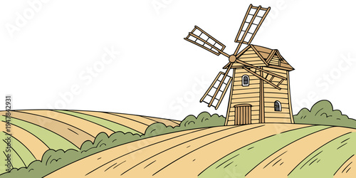 A small windmill on a hill overlooking a field Vector