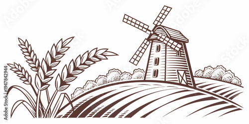 A brown illustration of a windmill on a field with wheat Vector