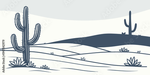 A desert landscape with two cacti on a hill Vector