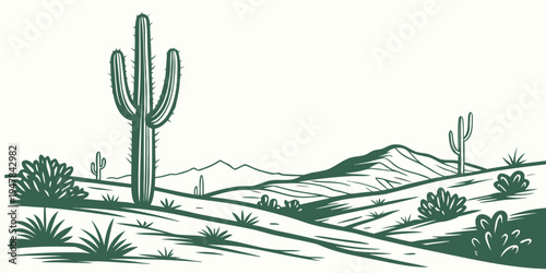 A desert landscape with cacti and mountains Vector