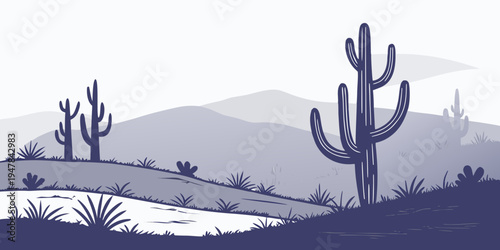 A desert landscape with cacti and mountains Vector