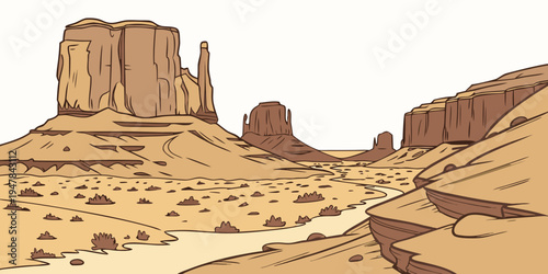 A desert landscape with a large rock formation Vector