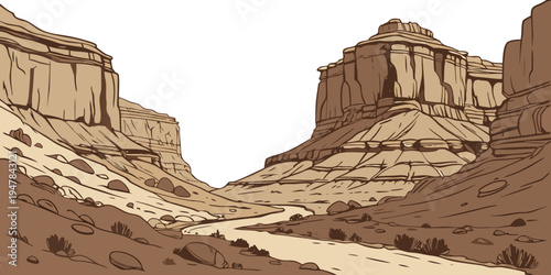 A brown rocky mountain range with a dirt path Vector