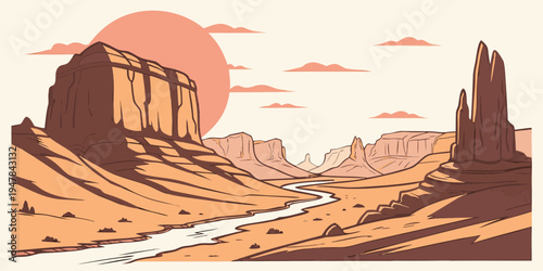 A desert landscape with a river running through it Vector