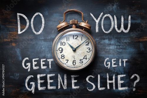 Vintage brass alarm clock on dark chalkboard with white chalk lettering and distressed wood texture, evoking urgency, curiosity, and uneasy anticipation