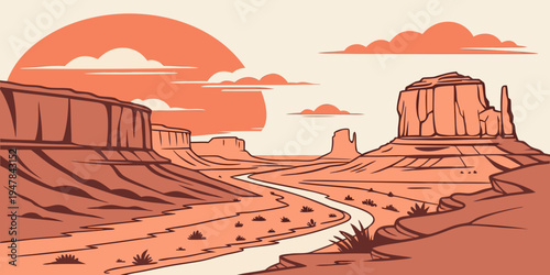 A desert landscape with a rocky butte and a dry riverbed Vector