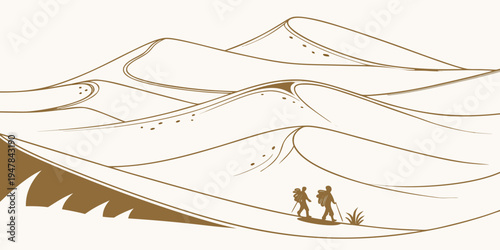 A brown line drawing of two people hiking on a mountain Vector