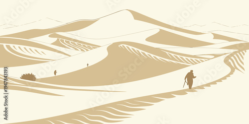 A person walking on a winding road through a desert landscape Vector