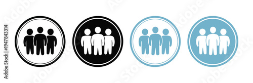 Multiple group icons showing three figures inside circular frames with various color styles and backgrounds