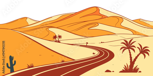 A desert landscape with a winding road and palm trees Vector